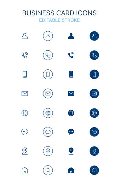 stockillustraties, clipart, cartoons en iconen met business card icon set: name, phone, mobile, email, website, chat, location, address - visitekaartje