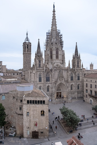 Architectural detail of The Cathedral of the Holy Cross and Saint Eulalia, also known as Barcelona Cathedral, the Gothic cathedral and seat of the Archbishop of Barcelona, Catalonia, Spain