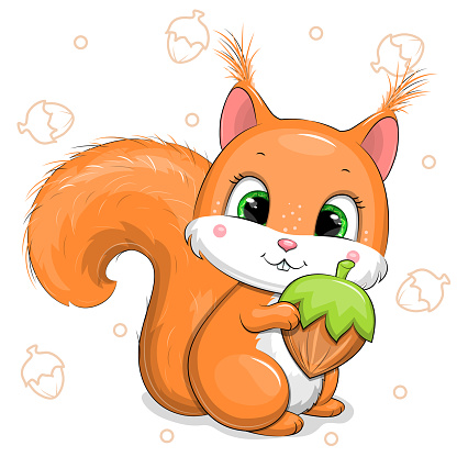 Cute cartoon squirrel holds a nut.