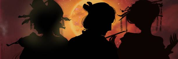 istock Kirie-style monochrome silhouette illustration of dubious Edo period prostitutes with ornamental hairpins and smoking pipes and young samurai mistresses, with shining full moon and drifting clouds in the background 1408577477