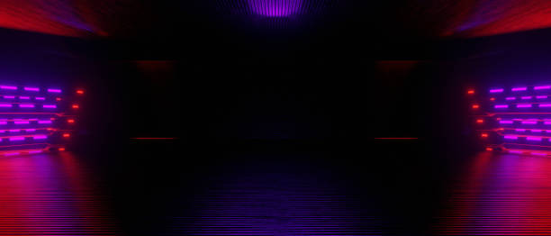 istock Futuristic Technology Huge Warehouse Industrial Basement Hangar Red Banner Background Wallpaper 3D Illustration 1408579285