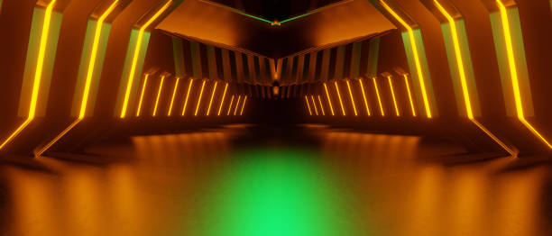 istock Imaginative Retro Modern Spaceship Studio Showroom Gallery Concrete Asphalt Floor Hangar Tunnel Corridor Maroon Brown Used As Banner Background Wallpaper 3D Rendering 1408580313