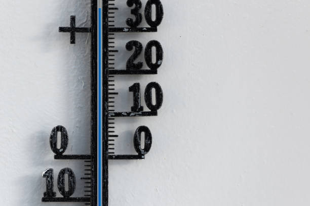 istock Classic black analog thermometer hanging on white wall displaying blue temperature scale of 35, thirty-five degrees celsius 1408580344