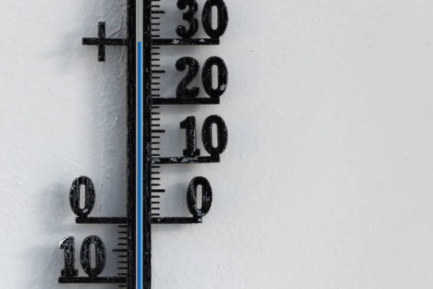 istock Classic black analog thermometer hanging on white wall displaying blue temperature scale of thirty, 30 degrees celsius 1408580445