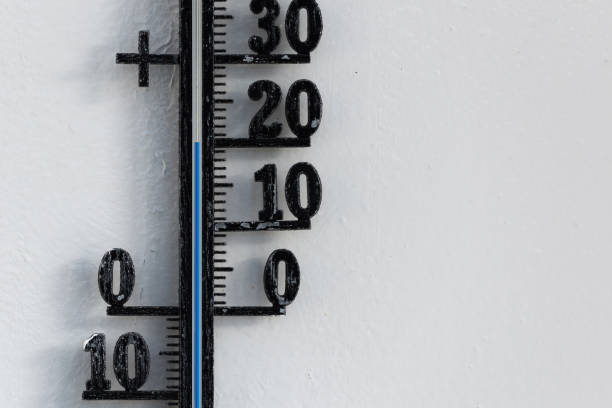 istock Classic black analog thermometer hanging on white wall displaying blue temperature scale of twenty, 20 degrees celsius 1408580458