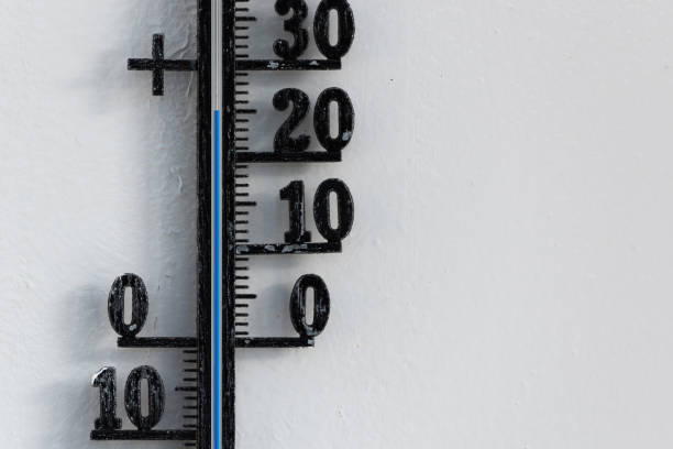 istock Classic black analog thermometer hanging on white wall displaying blue temperature scale of twenty-five, 25 degrees celsius 1408580468