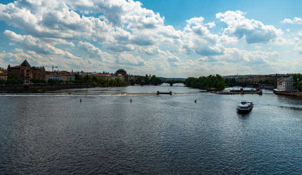 Prague city scenery with Vltava river from Charles bridge stock photo