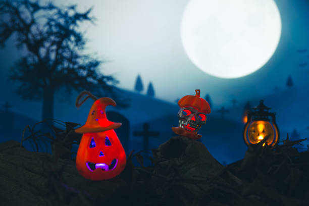 istock Spooky cemetery with glow halloween pumpkin 1408580682