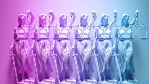 rosa blau transgender pride vibrant lgbtq lady justice frauen balance statuen aufstellung - roman statue stock-fotos und bilder