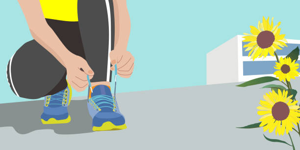 ilustrações de stock, clip art, desenhos animados e ícones de a runner who tightens the laces on his shoes. the cityscape where sunflowers bloom. vector illustration background banner. copy space, summer, - shoe tying adult jogging