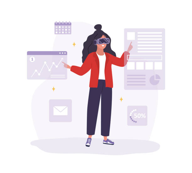 Blockchain technology concept. Woman in VR glasses analyzes cryptocurrency charts. Metaverse and Virtual reality simulator. Modern technology entertainment. Vector illustration in flat cartoon style Blockchain technology concept. Woman in VR glasses analyzes cryptocurrency charts. Metaverse and Virtual reality simulator. Modern technology entertainment. Vector illustration in flat cartoon style. meta description stock illustrations