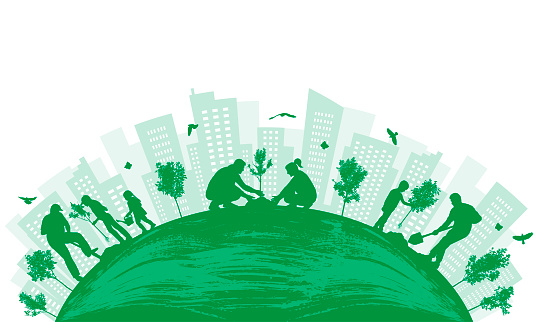 Green city. Planting trees byman, woman, children in yard, park. Landscaping of town. Vector illustration