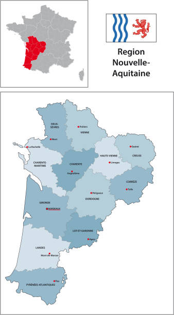 Administrative vector map with flag of French region of Nouvelle-Aquitaine Administrative vector map with flag of French region of Nouvelle-Aquitaine angouleme stock illustrations