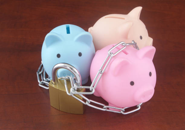 istock Three piggy banks with chain and padlock close up. 1408586126