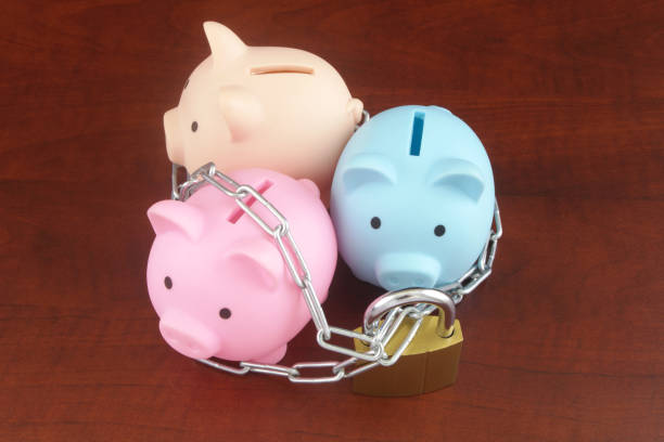 istock Three different piggy banks with chain and padlock. 1408586713