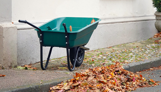 A wheelbarrow on a footpath next to a pile of leaves.
