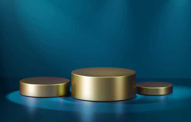 istock Three golden cylindrical podiums in blue environment. 3d computer graphic template of displaying place for your products. 1408592186