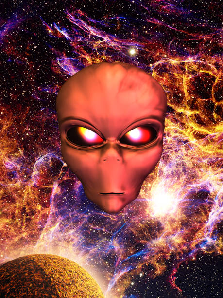 istock Alien head in front of a starry sky 1408593367