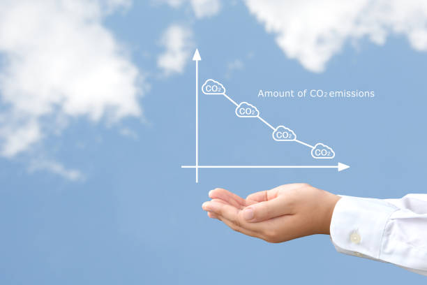 istock Child's hands covering downward graph for CO2 emissions 1408593453