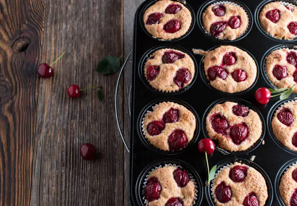 Fresh and homemade baked cherry muffins. Served in a muffin tin isolated on wooden table background. Side view with copy space.