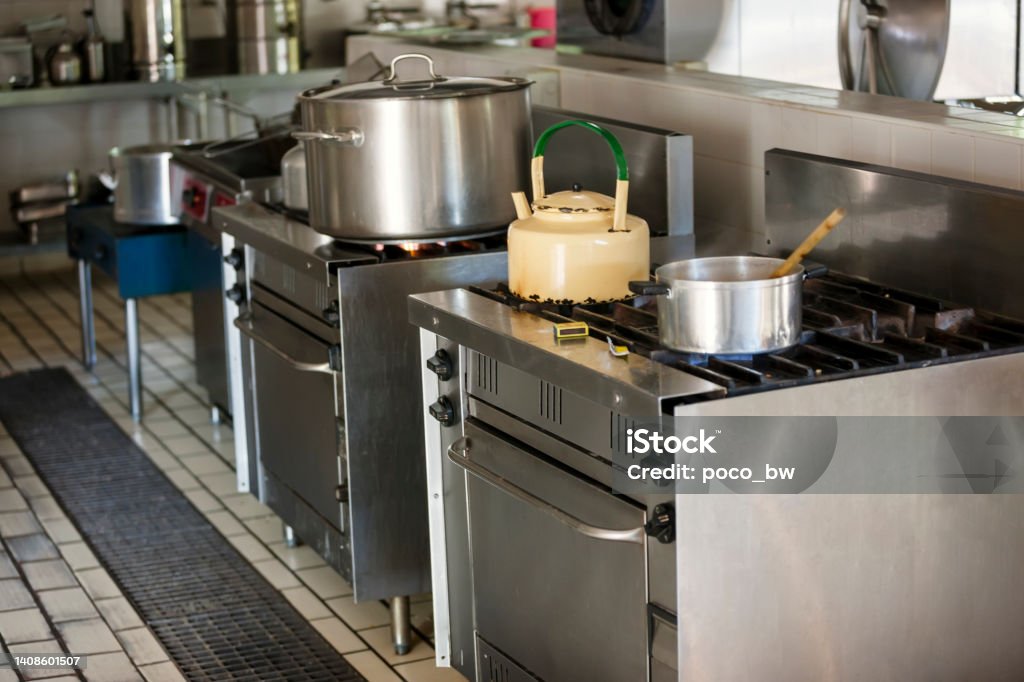 industrial kitchen industrial stainless-steel kitchen at a school canteen in Africa Boiling Stock Photo