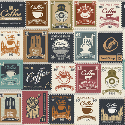 Seamless pattern on the theme of coffee and coffee house with various postage stamps in retro style. Repeating vector background. Suitable for wallpaper, wrapping paper, fabric, package.