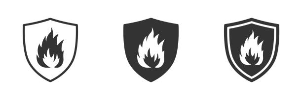 Fire protection icon. Shield with fire sign. Vector illustration. Fire protection icon. Shield with fire sign. Vector illustration silhouette of firefighter logo stock illustrations