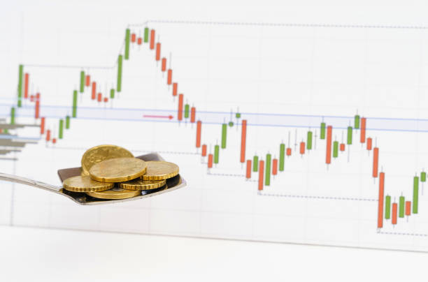 istock Against the background of the quotes chart, a spoon with coins 1408603620