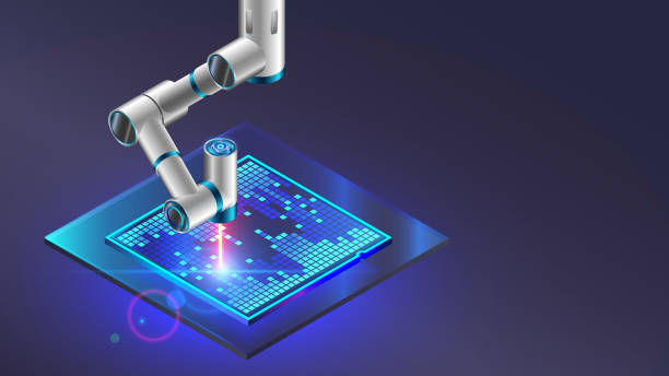 ilustrações, clipart, desenhos animados e ícones de fabricação eletrônica tecnológica de chip semicondutor de cristal. braço robótico produz processador de silício em semicondutor de cristal. equipamentos da indústria eletrônica. fábrica de cpu nanotecnologia. - silicon