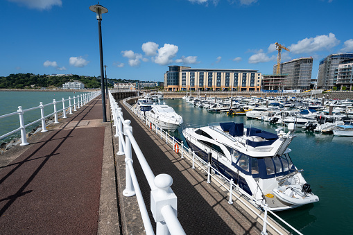 Boats moored in Elizabeth Marina, St Helier harbour of the British Crown Dependency of Jersey, Channel Islands, British Isles.