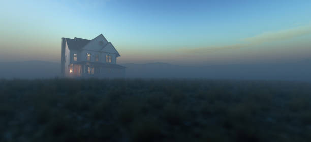 Old victorian house on grass plain in a misty valley at sunrise. 3D render.