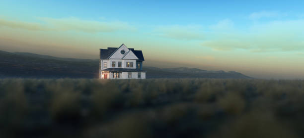 Old victorian house on grass plain in a misty valley at sunrise. 3D render.