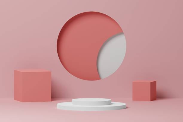 istock White podium cylinder shape with cube on pink background. Product showcase display. 3d rendering 1408606853
