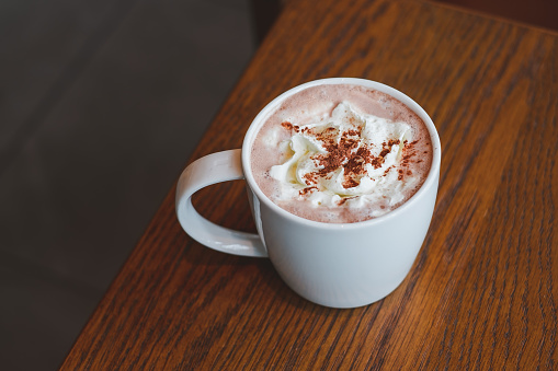 Hot chocolate with whipped cream and cacao powder.