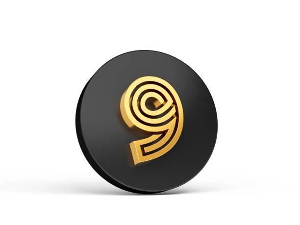 Royal Gold Modern Font. Elite 3D Digit Letter 9 nine on Black 3d button icon 3d Illustration