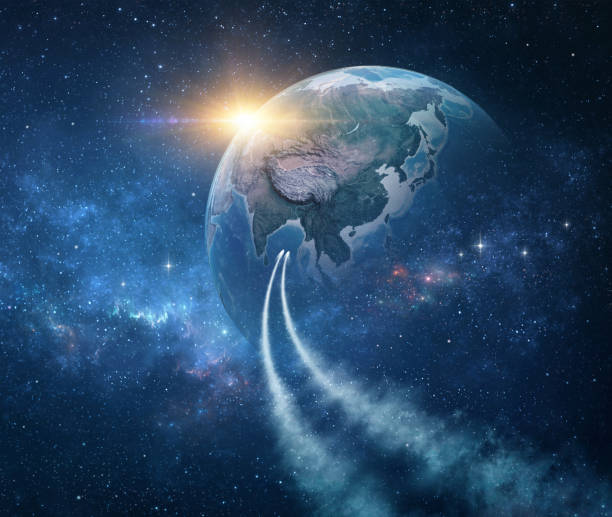 Spaceships, space probes traveling through galaxy, returning planet Earth, sun rising behind. Comets in outer space reaching the Earth. 3D illustration (Blender software), elements of this image furnished by NASA (https://eoimages.gsfc.nasa.gov/images/imagerecords/147000/147190/eo_base_2020_clean_3600x1800.png)