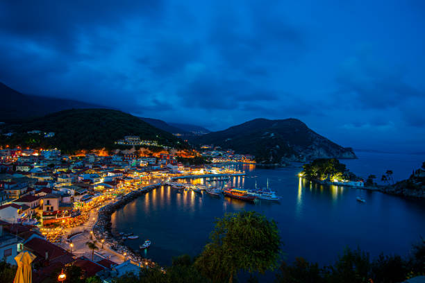 istock Panoramic night view of Parga city in Greece 1408610773