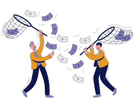 Men catching money with net. Businessmen running after cash money flying away. Achieving financial goal, attracting investments, saving money, business success, money concept