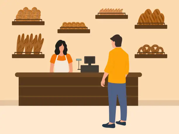 Vector illustration of Bakery Shop With Bread, Baguettes, Croissants, Bagels And Cinnamon Rolls. Cashier Standing At Checkout Counter And Customer Buying Bread.