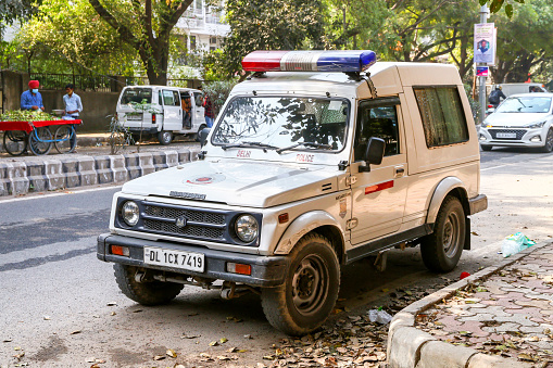 Romanian police (Politia) car patrolling streets of Old Town in downtown Bucharest, Romania, 2020