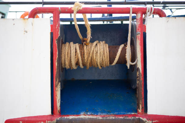Rope on the cutter. Kuter in the port of Ustka on the Baltic Sea. Poland. No people.