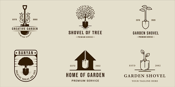 set of garden shovel symbol line vintage vector illustration template icon graphic design. bundle collection of various creative farm sign or symbol for agriculture concept