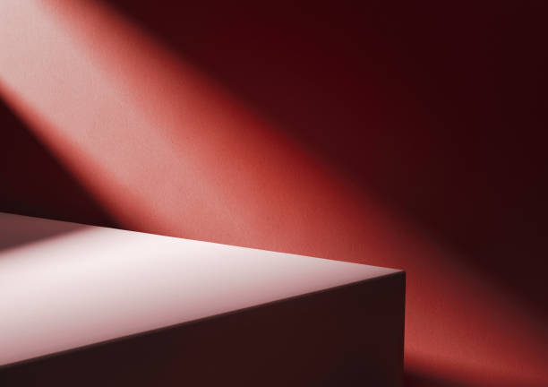 istock 3D illustration of wooden board corner at red wall lit by diagonal light stripe. 1408617892