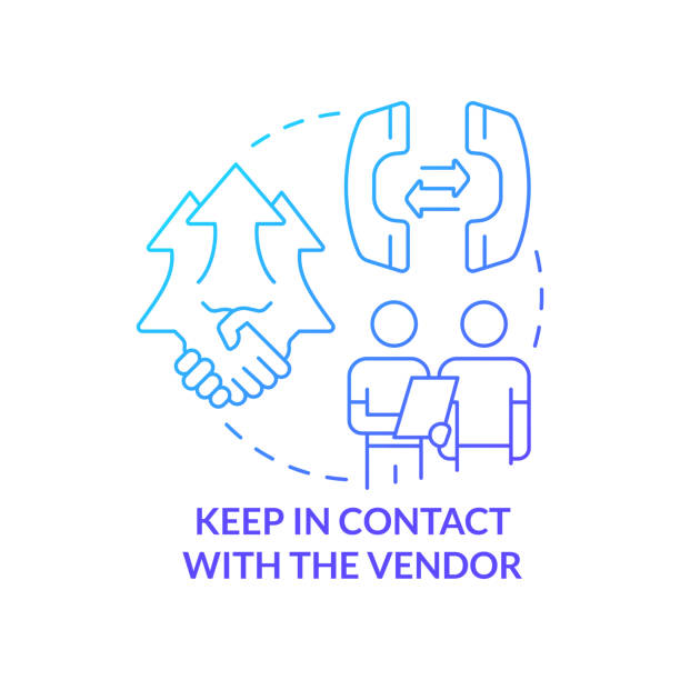 Keep in contact with vendor blue gradient concept icon Keep in contact with vendor blue gradient concept icon. Purchasing process flow abstract idea thin line illustration. Good relationships. Isolated outline drawing. Myriad Pro-Bold font used supplier relationship management stock illustrations
