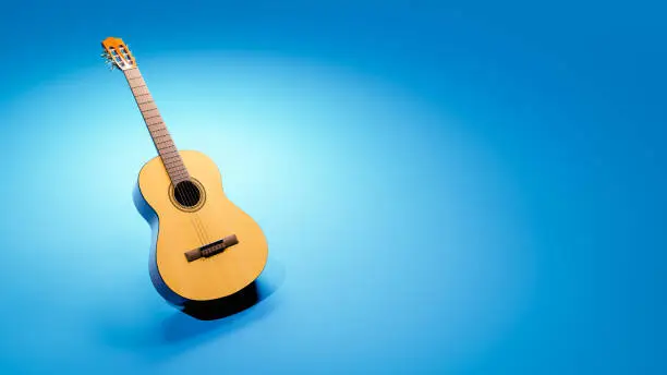 Classical Guitar on an Blank Blue Background with Copy Space 3D Render Illustration