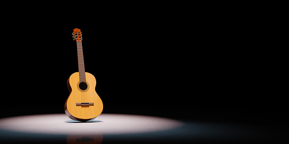 Classical Guitar Spotlighted on Black Background with Copy Space 3D Illustration