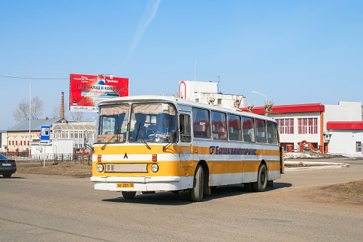 Neftekamsk, Russia - April 6, 2008: Soviet interurban coach bus LAZ-699R Tourist in the city street.