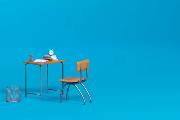 istock School desk with school accessory on the table on blue background 3D Rendering 1408621713