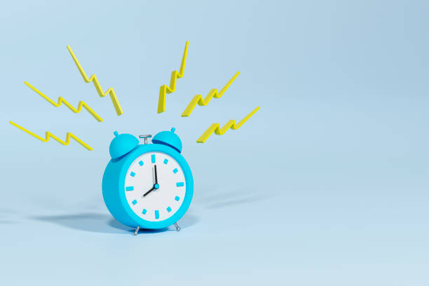 istock Blue vintage ringing alarm clock on bright blue background. Modern design, 3d render 1408621723