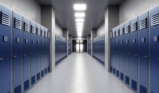 istock Long school corridor with blue lockers , 3d illustration 1408621730